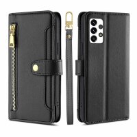 Handykette für Samsung Galaxy A53 Hülle mit Band Handyhülle Kartenfächer PU Leder Umhängetasche in Schwarz