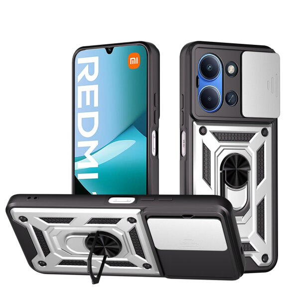 Outdoor Panzer Hülle für Xiaomi Redmi 15C (173cm) Handyhülle Kameraschutz Ringhalter in Silber