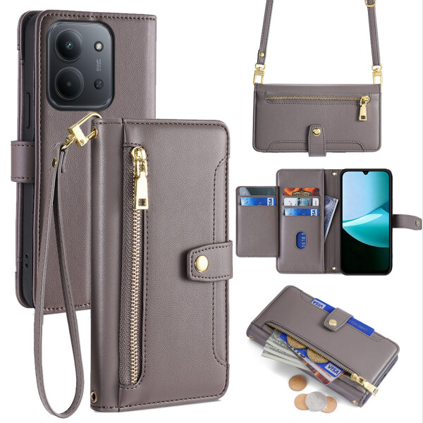 Handykette für Xiaomi Redmi 15C Hülle mit Band Handyhülle Kartenfächer PU Leder Umhängetasche Grau