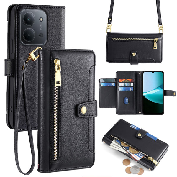 Handykette für Xiaomi Redmi 15C Hülle mit Band Handyhülle Kartenfächer PU Leder Umhängetasche Schwarz
