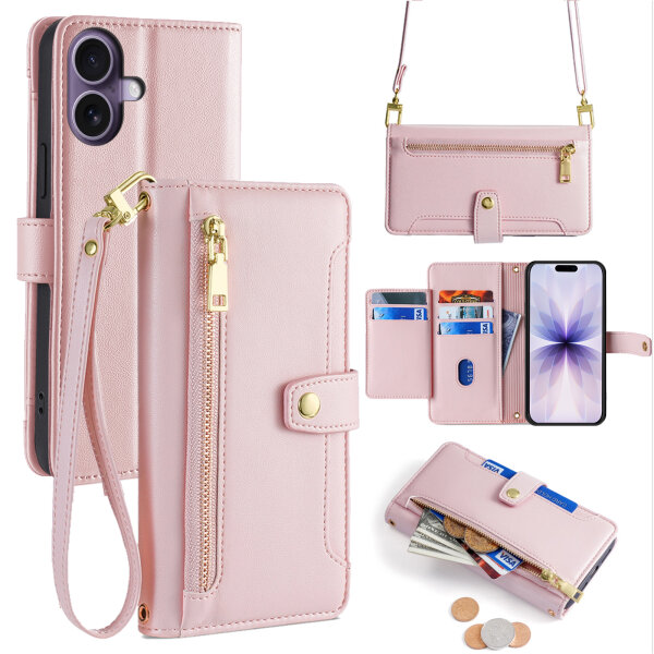 Handykette für iPhone 17 Hülle mit Band Handyhülle Kartenfächer PU Leder Umhängetasche in Rosa