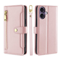 Handykette für iPhone 17 Hülle mit Band Handyhülle Kartenfächer PU Leder Umhängetasche in Rosa
