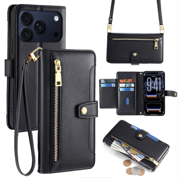Handykette für iPhone 17 Pro Max Hülle mit Band Handyhülle Kartenfächer PU Leder Umhängetasche in Schwarz