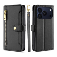 Handykette für iPhone 17 Pro Hülle mit Band Handyhülle Kartenfächer PU Leder Umhängetasche in Schwarz