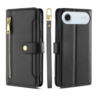 Handykette für iPhone Air Hülle mit Band Handyhülle Kartenfächer PU Leder Umhängetasche in Schwarz