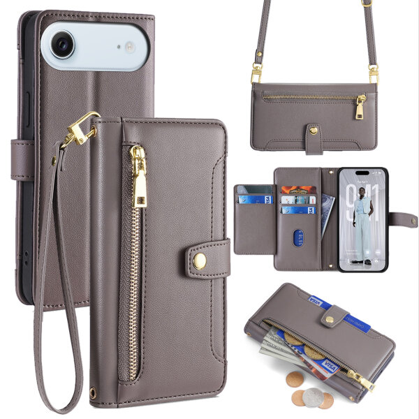 Handykette für iPhone Air Hülle mit Band Handyhülle Kartenfächer PU Leder Umhängetasche in Grau