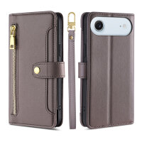 Handykette für iPhone Air Hülle mit Band Handyhülle Kartenfächer PU Leder Umhängetasche in Grau