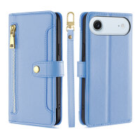 Handykette für iPhone Air Hülle mit Band Handyhülle Kartenfächer PU Leder Umhängetasche in Hellblau