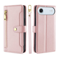 Handykette für iPhone Air Hülle mit Band Handyhülle Kartenfächer PU Leder Umhängetasche in Rosa