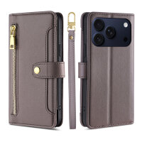 Handykette für iPhone 17 Pro Hülle mit Band Handyhülle Kartenfächer PU Leder Umhängetasche in Grau