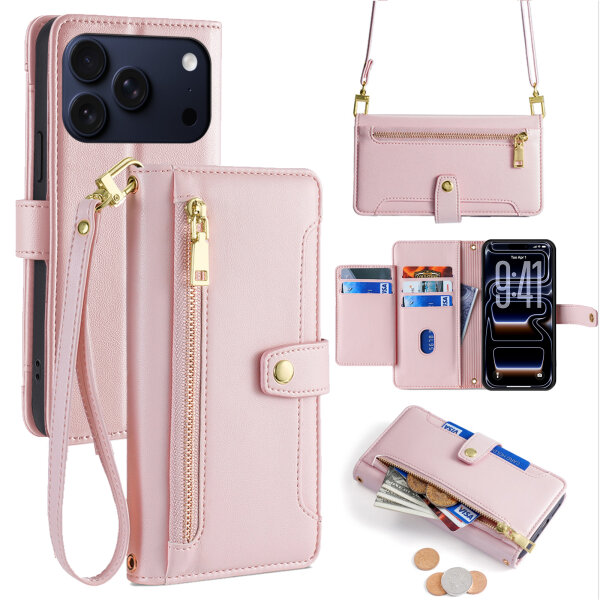 Handykette für iPhone 17 Pro Hülle mit Band Handyhülle Kartenfächer PU Leder Umhängetasche in Rosa