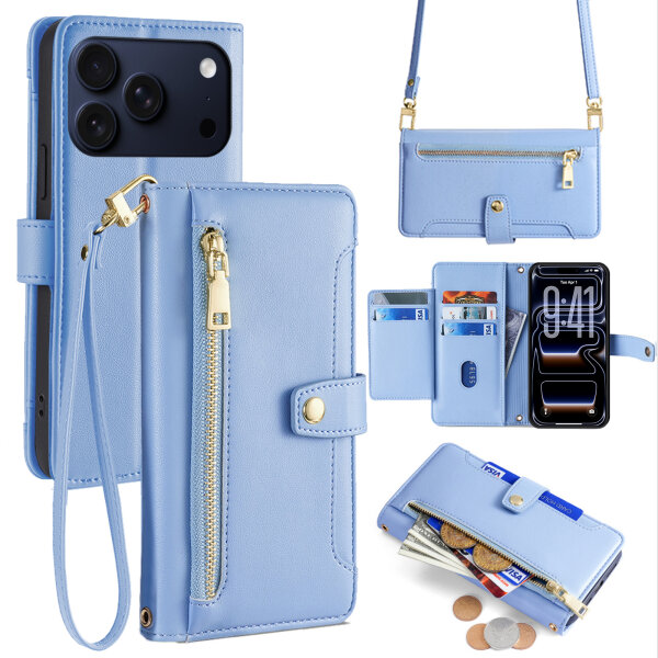 Handykette für iPhone 17 Pro Max Hülle mit Band Handyhülle Kartenfächer PU Leder Umhängetasche in Hellblau