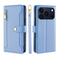 Handykette für iPhone 17 Pro Max Hülle mit Band Handyhülle Kartenfächer PU Leder Umhängetasche in Hellblau