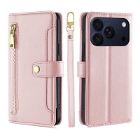 Handykette für iPhone 17 Pro Max Hülle mit Band Handyhülle Kartenfächer PU Leder Umhängetasche in Rosa