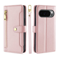 Handykette für Google Pixel 10 Pro XL Hülle mit Band Handyhülle Kartenfächer PU Leder Umhängetasche in Rosa