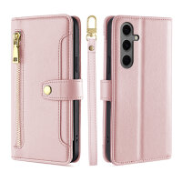 Handykette für Samsung Galaxy S25 FE Hülle mit Band Handyhülle Kartenfächer PU Leder Umhängetasche in Rosa