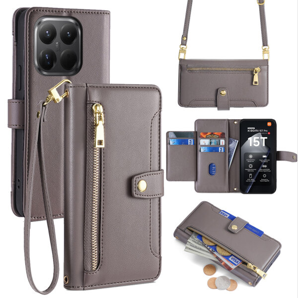 Handykette für Xiaomi 15T Pro Hülle mit Band Handyhülle Kartenfächer PU Leder Umhängetasche in Grau