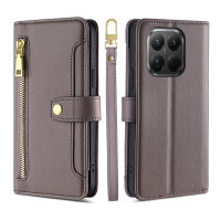 Handykette für Xiaomi 15T Pro Hülle mit Band Handyhülle Kartenfächer PU Leder Umhängetasche in Grau