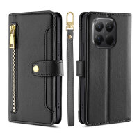 Handykette für Xiaomi 15T Pro Hülle mit Band Handyhülle Kartenfächer PU Leder Umhängetasche in Schwarz