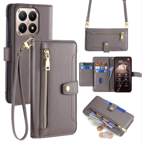 Handykette für Xiaomi 15T Hülle mit Band Handyhülle Kartenfächer PU Leder Umhängetasche in Grau