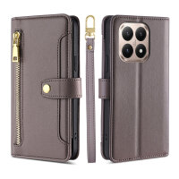 Handykette für Xiaomi 15T Hülle mit Band Handyhülle Kartenfächer PU Leder Umhängetasche in Grau