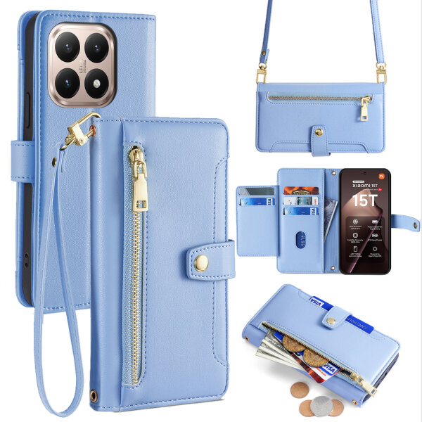 Handykette für Xiaomi 15T Hülle mit Band Handyhülle Kartenfächer PU Leder Umhängetasche in Hellblau