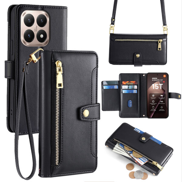 Handykette für Xiaomi 15T Hülle mit Band Handyhülle Kartenfächer PU Leder Umhängetasche in Schwarz