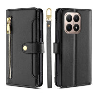 Handykette für Xiaomi 15T Hülle mit Band Handyhülle Kartenfächer PU Leder Umhängetasche in Schwarz