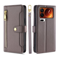 Handykette für Xiaomi 17 Pro Max Hülle mit Band Handyhülle Kartenfächer PU Leder Umhängetasche in Grau