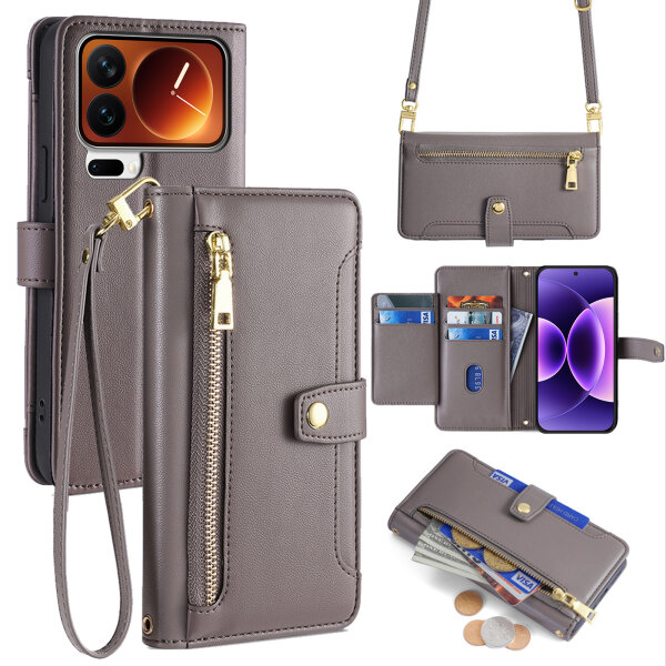 Handykette für Xiaomi 17 Pro Hülle mit Band Handyhülle Kartenfächer PU Leder Umhängetasche in Grau