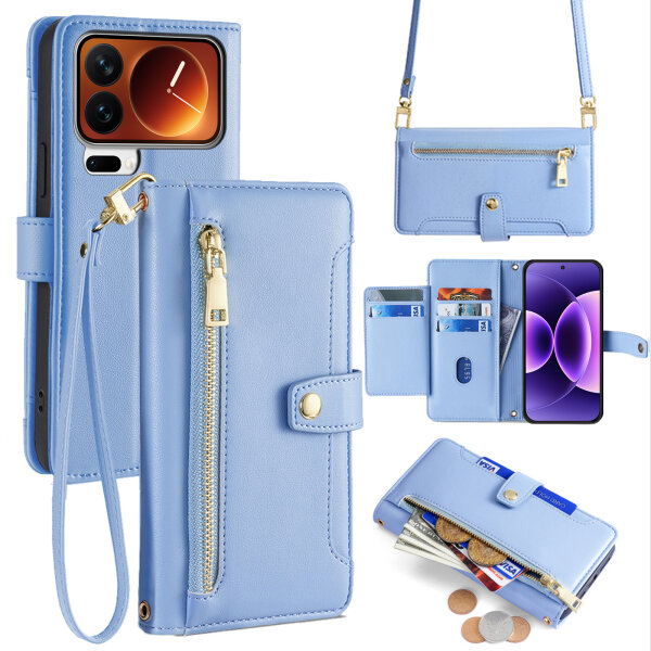 Handykette für Xiaomi 17 Pro Hülle mit Band Handyhülle Kartenfächer PU Leder Umhängetasche in Hellblau