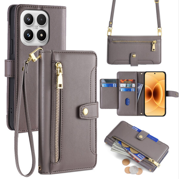 Handykette für Xiaomi 17 Hülle mit Band Handyhülle Kartenfächer PU Leder Umhängetasche in Grau