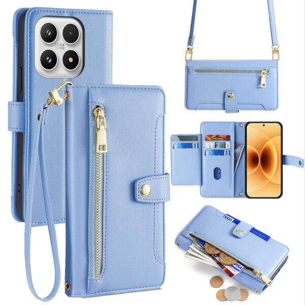 Handykette für Xiaomi 17 Hülle mit Band Handyhülle Kartenfächer PU Leder Umhängetasche in Hellblau