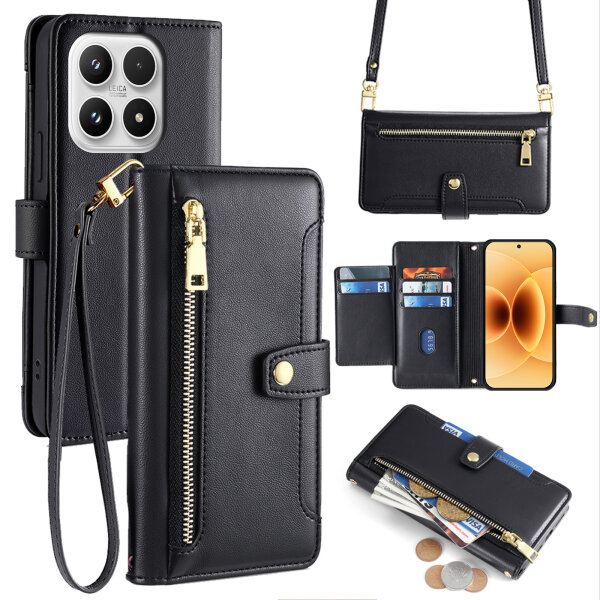 Handykette für Xiaomi 17 Hülle mit Band Handyhülle Kartenfächer PU Leder Umhängetasche in Schwarz