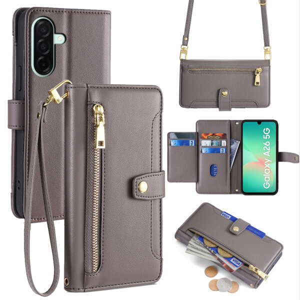 Handykette für Samsung Galaxy A26 Hülle mit Band Handyhülle Kartenfächer PU Leder Umhängetasche in Grau
