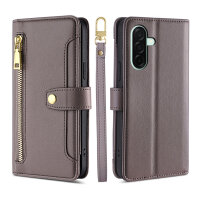 Handykette für Samsung Galaxy A26 Hülle mit Band Handyhülle Kartenfächer PU Leder Umhängetasche in Grau