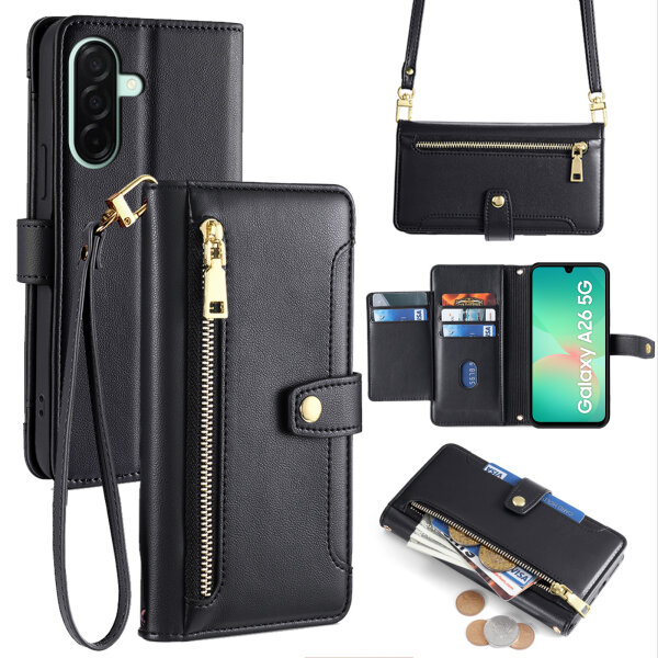 Handykette für Samsung Galaxy A26 Hülle mit Band Handyhülle Kartenfächer PU Leder Umhängetasche in Schwarz