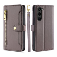 Handykette Samsung Galaxy S26 Hülle mit Band Handyhülle Kartenfächer PU Leder Umhängetasche in Grau