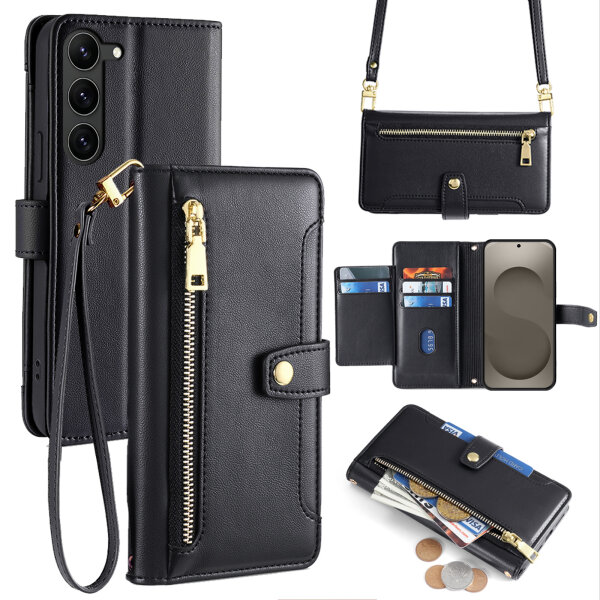 Handykette Samsung Galaxy S26 Hülle mit Band Handyhülle Kartenfächer PU Leder Umhängetasche in Schwarz