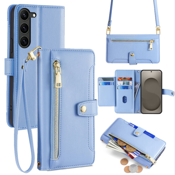 Handykette Samsung Galaxy S26+ Hülle mit Band Handyhülle Kartenfächer PU Leder Umhängetasche in Hellblau