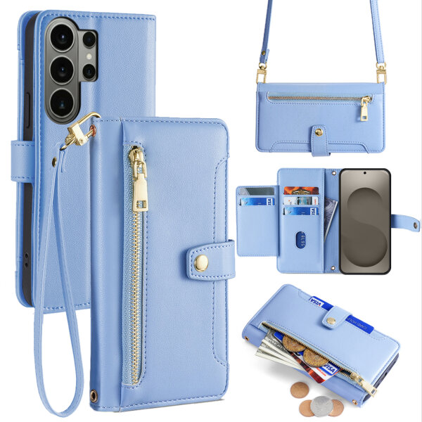 Handykette Samsung Galaxy S26 Ultra Hülle mit Band Handyhülle Kartenfächer PU Leder Umhängetasche in Hellblau