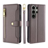 Handykette Samsung Galaxy S26 Ultra Hülle mit Band Handyhülle Kartenfächer PU Leder Umhängetasche in Grau