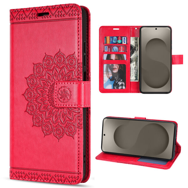 Hülle für Samsung Galaxy S26 5G Wallet Case Kartenfächern & Standfunktion in Mandala Rot
