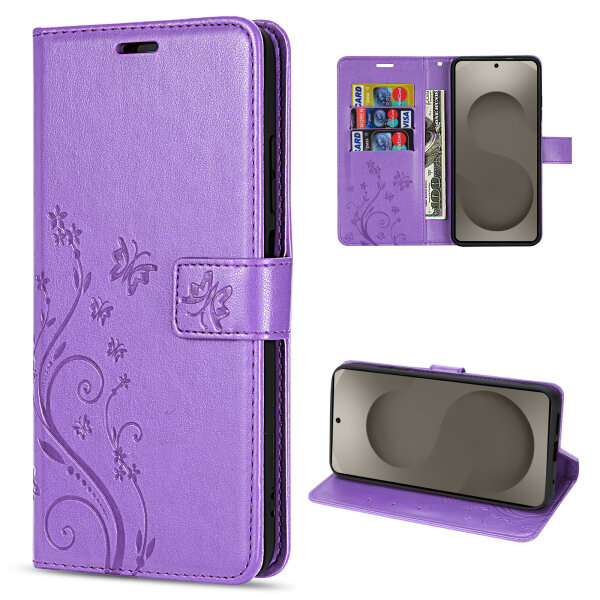 Hülle für Samsung Galaxy S26 5G Wallet Case Kartenfächern & Standfunktion in Blume Lila