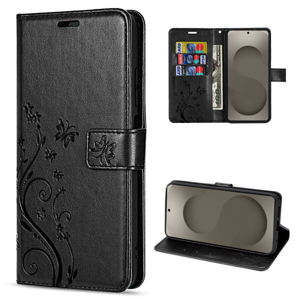 Hülle für Samsung Galaxy S26+ Wallet Case Kartenfächern & Standfunktion in Blume Schwarz