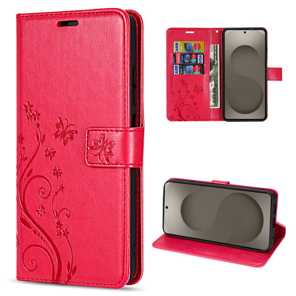 Hülle für Samsung Galaxy S26+ Wallet Case Kartenfächern & Standfunktion in Blume Rot