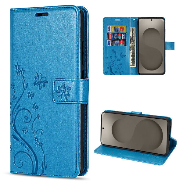 Hülle für Samsung Galaxy S26+ Wallet Case Kartenfächern & Standfunktion in Blume Blau