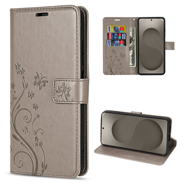 Hülle für Samsung Galaxy S26 Ultra Wallet Case Kartenfächern & Standfunktion in Blume Grau