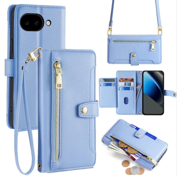 Handykette Google Pixel 10A Hülle mit Band Handyhülle Kartenfächer PU Leder Umhängetasche in Hellblau