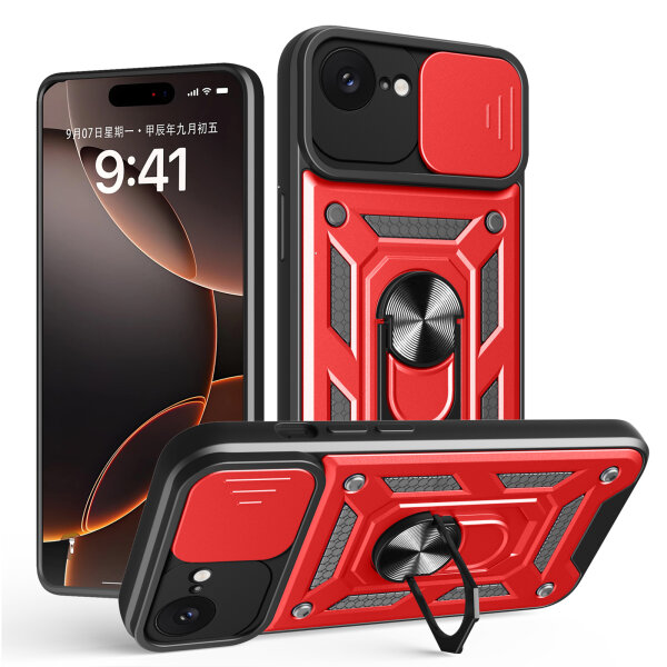 Panzer Hülle für iPhone 17E Handyhülle mit Kameraschutz Ringhalter Rot